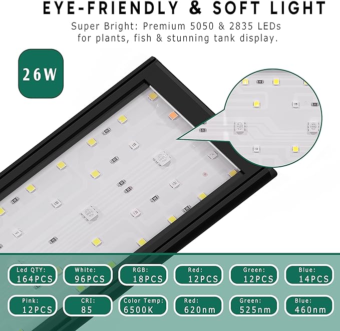 24/7 LED Aquarium Light for 36-46 Inch Plant & Fish Tank IP68, 12-Color & Gradient & Full Spectrum with Sunrise-Daylight-Moonlight, Auto On/Off, Brightness, Extendable Brackets for Freshwater