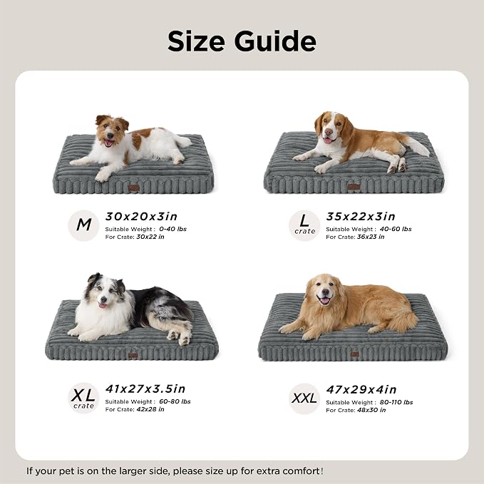 Bedsure ComfyFleece™ Fluffy Plush XXL Dog Bed Crate Pillow 47x29 SandyBeige | Aesthetic Crate Bed for Balanced Support Cute Chopped Foam Pad with Removable Washable Cover Non-Slip Waterproof Cozy Pet Mat