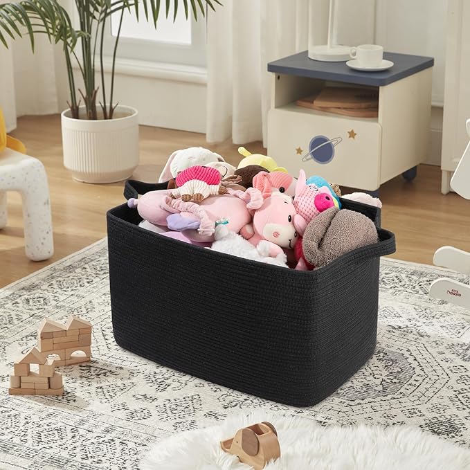 95L Extra Large Blanket Basket, 24" x 16.9" x 14.2" Woven Storage Basket for Living Room, Rectangle Nursery Blanket Storage for Toys, Towels, Dirty Clothes (Black)