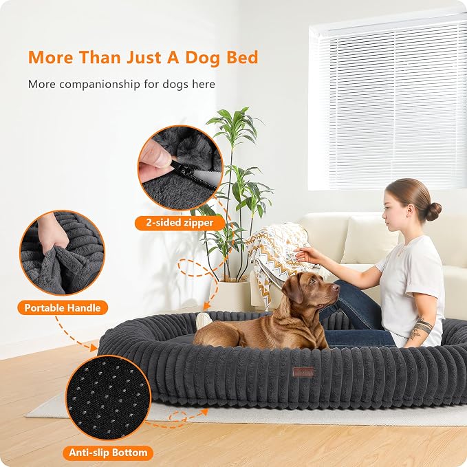 Human Dog Bed for Adult, Orthopedic Gel Memory Foam, 71"x47"x9" | Human Dog Bed Fits Adult & Pets, Reversible Egg-Crate Foam Cushion, Washable Pet Bed with Blanket, Dark Grey