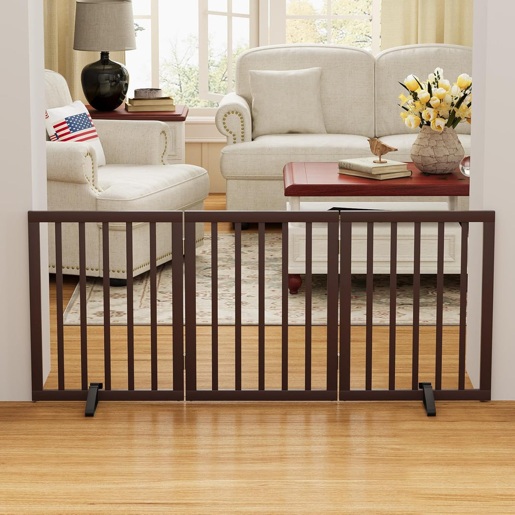 Brown 18-55" Wide Dog Gate, Bamboo Freestanding Pet Gates for Dogs, Puppy Fence