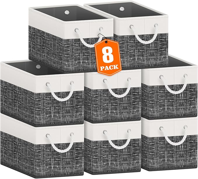 Fab totes Storage Bins [8-Pack], Foldable Storage Baskets for Organizing Toys, Books, Shelves, Closet, Large Storage Box with Rope Handles, Sturdy Organizer Bins, White & Black