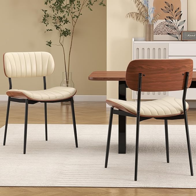 Mid Century Modern Dining Chairs Set of 2,Upholstered Faux Leather Kitchen Chairs with Walnut Bentwood Back and Metal Legs for Kitchen Dining Room Living Room, Beige