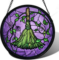 Stained Glass Window Hanging - Halloween Decorations Witch Magic Broom Suncatcher for Doors Garden Indoor Funny Spooky Sun Catchers Gothic Decor Horror Gifts for Women Men Friend 11.8 in