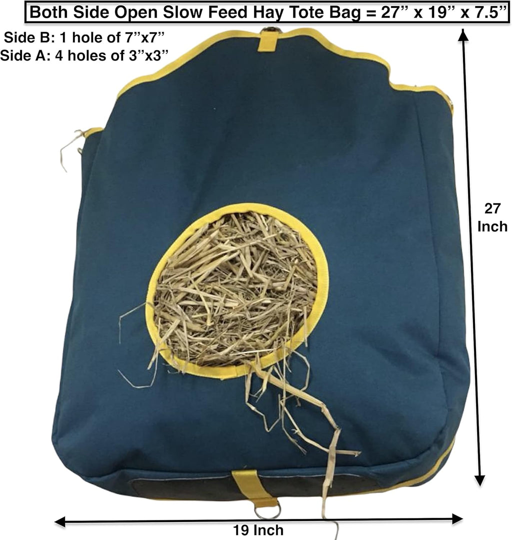 Majestic Ally Nylon Hay Feeder Tote Bag for Horse, Goat, Sheep - Double Sides Open Feed Hole with Faux Leather Ventilated Bottom- Premium Quality -Simulates Grazing - Reduces Waste (Hunter Green)