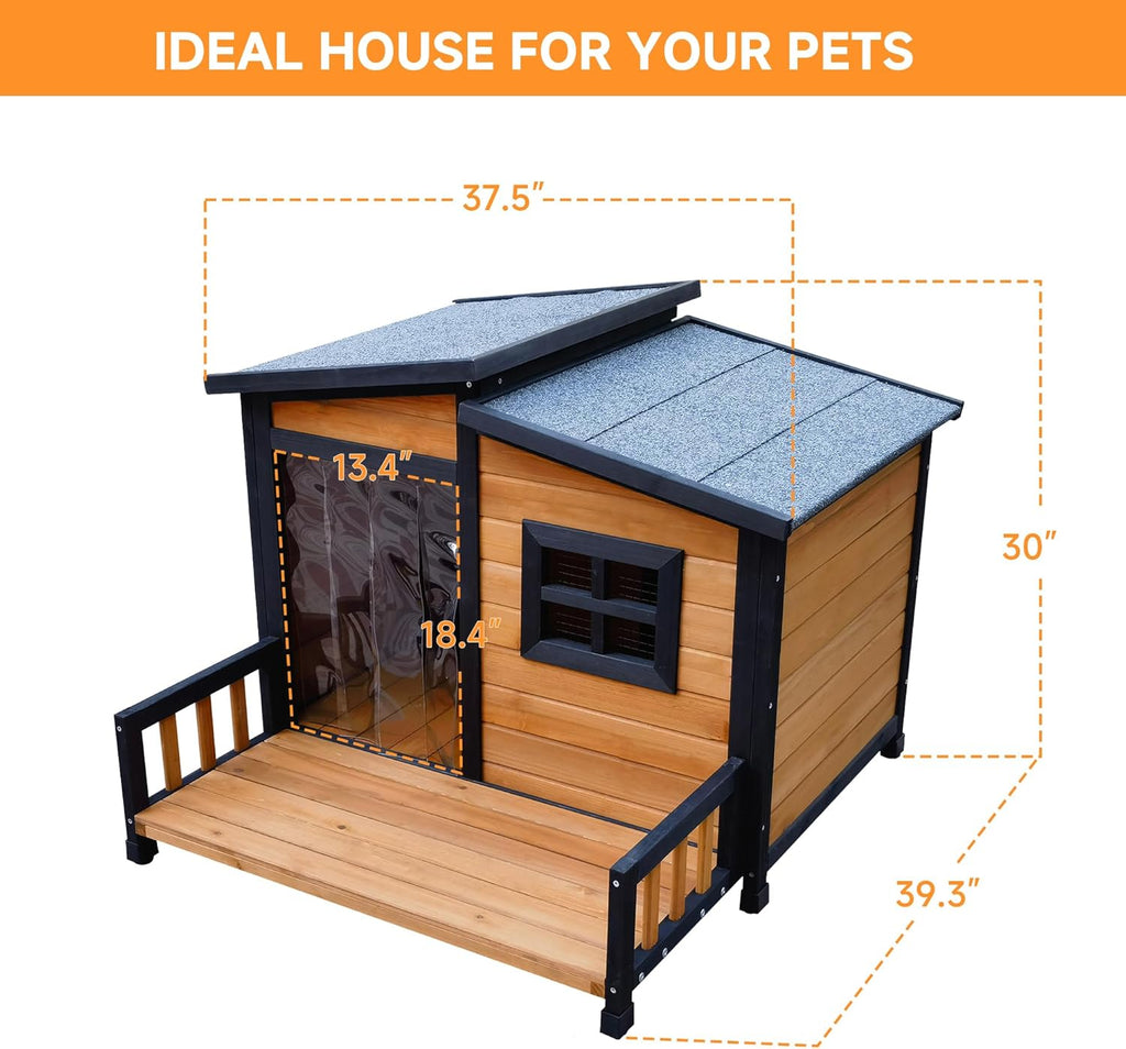 Large Indoor Outdoor Dog House,Wood Insulated Dog House,Weatherproof Outside Shelter with Elevated Floor,Easy to Assemble(39.3" L x 37.5" W x 30" H)