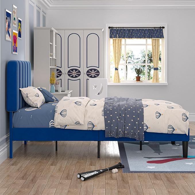 VECELO Twin Size Bed Frame with Upholstered Headboard, Velvet Platform Bedframe Mattress Foundation, Strong Wood Slat Support, No Box Spring Needed,Blue