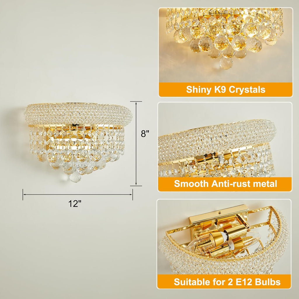 Empire Crystal Wall Sconces, Gold Wall Light Fixtures, Luxury Wall Lamp for Living Room Bedroom Bathroom Bedside Hallway Stairway
