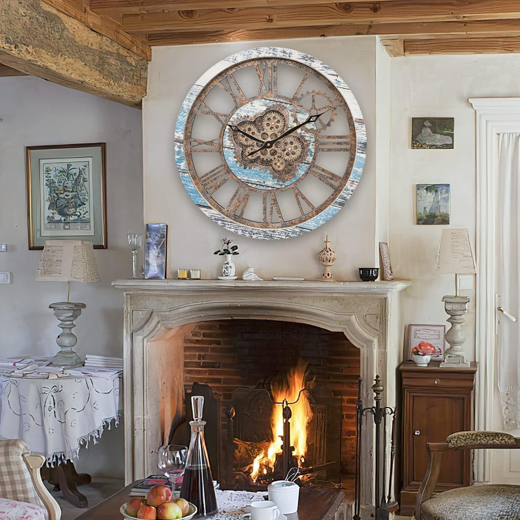HOIBAI Large Wall Clock, Wall Clocks for Living Room Decor 20 Inch Farmhouse Vintage Rustic Kitchen Wall Decor Vintage Roman Oversized Wall Clock for Home Bedroom House Office, Moving Gears Clock