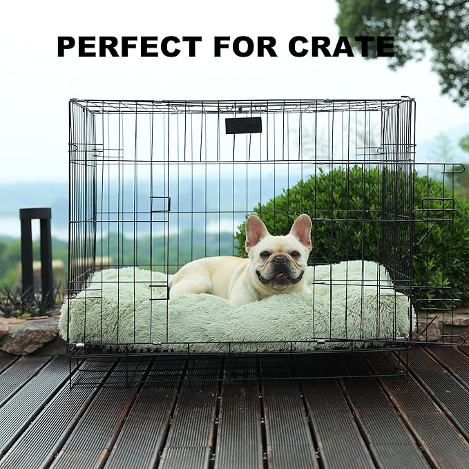 Bedfolks Waterproof Crate Bed, Plush Dog Kennel Pad with Removable Cover, Faux Fur, Washable, 35"x23", Sage Green