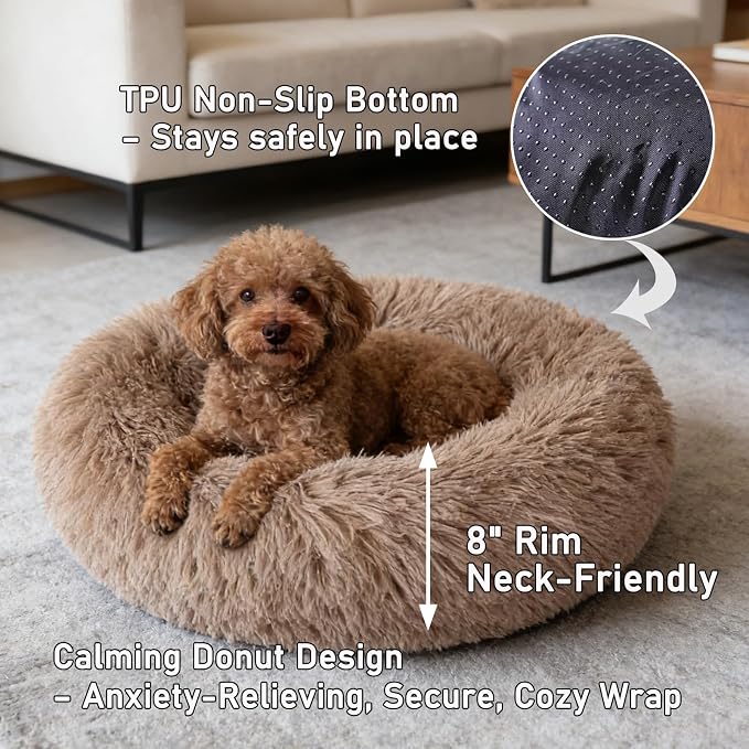 Calming Donut Dog Beds for Small Dogs Cats - Washable Removable Cover Non-Slip Bottom, Round Pet Bed Puppy Bed Warming Fluffy Faux Fur Anti-Anxiety, Fits up to 25 lbs (Camel, 23")