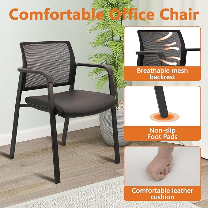 CLATINA Stackable Office Chair, Mesh Back Guest Chairs with Comfortable Leather Seat Arms Stacking Ergonomic Desk Chair No Wheels for Conference Waiting Reception School Stationary, Black, Set of 2
