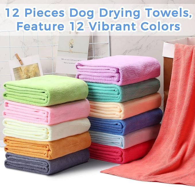 Moukeren 12 Pcs Dog Towels Bulk 20'' x 39'' Microfiber Bath Towels for Drying Dogs Absorbent Soft Pet Grooming Towels for Small Medium Puppy Cat Bath Pet Grooming Shower Essential, 12 Colors