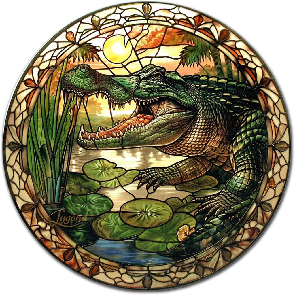 Lygond Metal Sign Tin Sign Circular Stained Glass Alligator Minimalist Wall Art for Home Decor 12×12 Inches