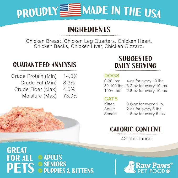 Raw Paws Signature Blend Pet Food for Dog & Cats - Chicken Recipe, 1-lb Rolls (20 Pack) - Fresh Made in USA, Natural Raw Diet Dog Food, Raw Frozen Dog & Cat Food - Meat Roll Dog Food Log