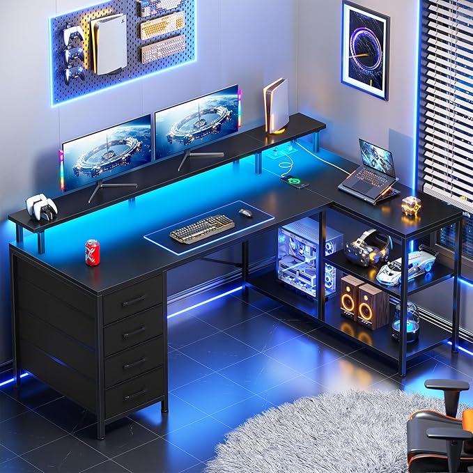 SEDETA L Shaped Desk with 4 Drawers and Storage Shelves, L Shaped Gaming Desk with LED Lights & Power Outlets, Computer Desk with Shelves & Drawer, Corner Desk Home Office Desk, Black