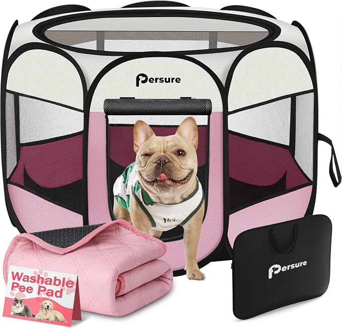 Persure Dog Cat Pet Playpen Puppy Crate Cage for Indoor Outdoor Travel | Nursing Rest Zone Recovering Pet Quarantine Room Portable Pop Up Easy to Set up lightweight (Pink with Pad, Large)