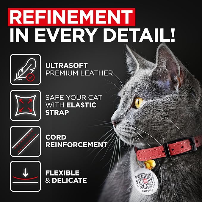 Leather Cat Collar with Bell and Safety Elastic Strap Breakaway Alternative for Small & Large Kittens, Stylish Pet Leather Collar for Boy, Girl Cats with Metal Buckle & QR ID Tag (Red)