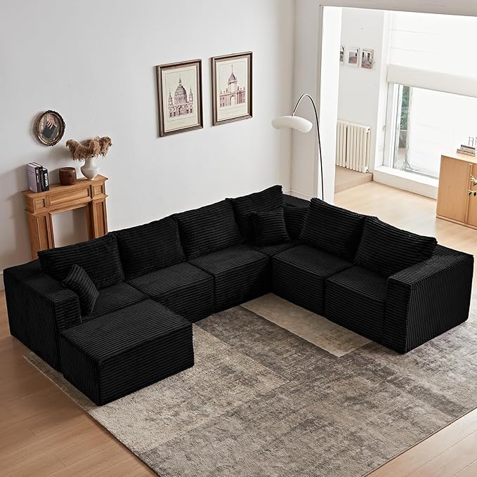 156" U Shaped Cloud Couch Sectional Couch with Deep Seat, 7 Seater Corduroy Modular Couches, Boneless Sofa with Removable Ottoman, Sectional Couches for Living Room, No Assembly Required, Black