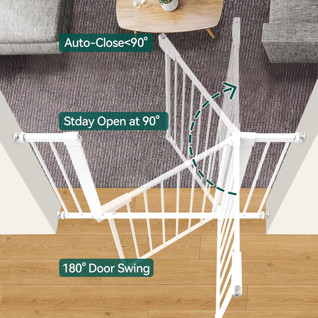 BABELIO 36" Extra Tall Dog Gate, 26-40" Wide Auto Close Baby Gate, Pressure Mounted Metal Pet, Easy Install No Drilling, No Tools Required, With Wall Protectors and Extension Kits, White