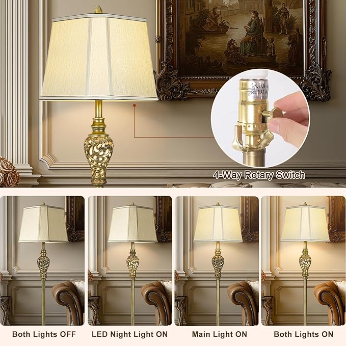 Vintage Floor Lamp for Living Room, 65" Tall Lamp with Nightlight and Beige Faux Silk Shade, Farmhouse Standing Lamp for Bedroom, Office Corner, or Study, Elegant Rustic Home Decor (LED Bulb Included)