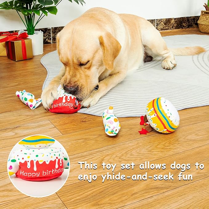 Hollypet Hide and Seek Squeaky Dog Toy, Designed Interactive Puzzle Plush Stuffed Puppy Toys，Cake