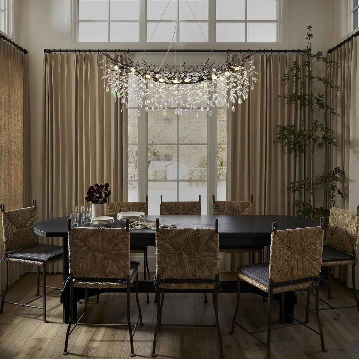Modern Black Rectangle Crystal Tree Branch Chandelier, 55" 16-Light K9 Crystal Chandeliers for Dining Room, Rectangular Dining Room Chandelier Over Table,for High Ceiling,Kitchen