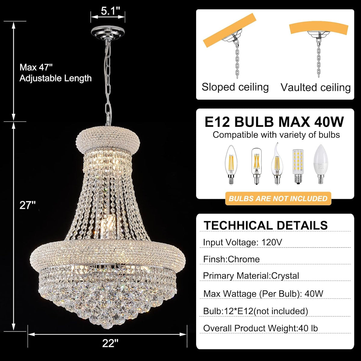 12 - Light Unique Empire Crystal Chandelier for Foyer Entrance Living Room Dining Room Bedroom Entryway Chrome Finish