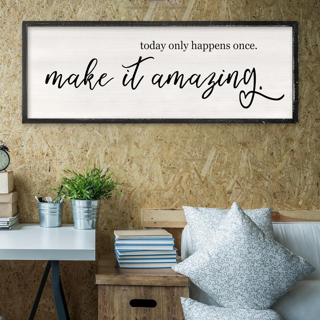 RLWangChao Today Only Happens Once Make It Amazing Wall Art Decor 40x15 Inch Large Inspirational Quote Sign Rustic Living Room Vintage Wood Frame Office Motivational Home Wall Hanging (Black)