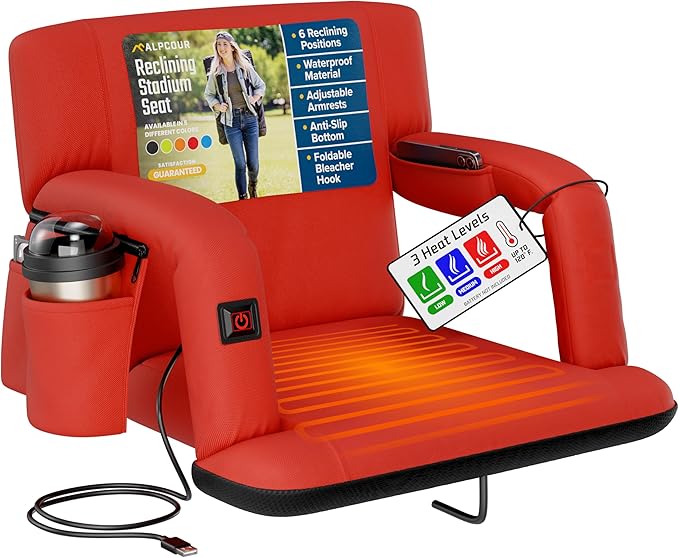 Alpcour Heated Reclining Stadium Seat for Bleachers – Wide Bleacher Chair with Back Support and Cushion, Armrests, Side Pockets, & Hook – Stadium Seats Chairs for Camping, Kayak, Paddle Board & More