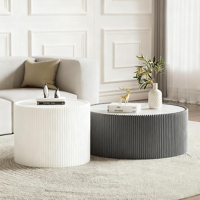 Round Coffee Table Set with Sintered Stone Tabletop, 29.52" Grey Drum Center Table and 17.71" White Coffee Table Set, 2 Pieces Living Room Table Set with Fluted PU Leather Cover& Stable Base