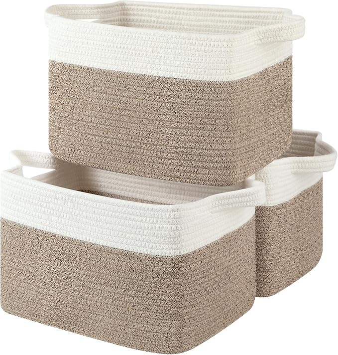 Storage Basket for Organizing, Woven Baskets for Storage, Rectangle Decorative Baskets for Shleves, Closet, Toys, Books, Nursery Organizer Bins - Pack of 3 (Brown & White, 13"x9.85"x8.7")
