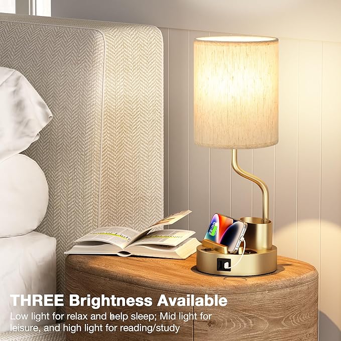 Gold Bedside Table Lamps for Bedroom Set of 2 - Nightstand Light with AC Outlet and USB A & C for Charging, 3 Color Temperatures Desk Lamp with Pen Holder & Phone Stand for Living Room/Dorm/Office