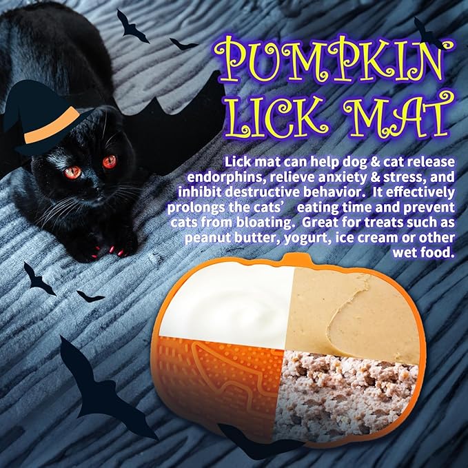 All for Paws Halloween Cat Gift Set – 4 Pack Cat Toys for Indoor Cats, Treat Dispenser, Lick Mat, Kicker & Wand
