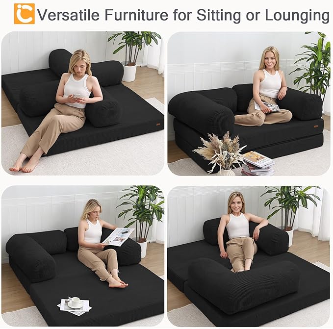 COMAX Folding Sofa Bed Queen 4-in-1 Foldable Floor Couch Convertible Futon Sofa with Armrests Black - Sleeper Mattress Chair Bed Comfy Portable Fold Out Lounge Guest for Living Room Bedroom