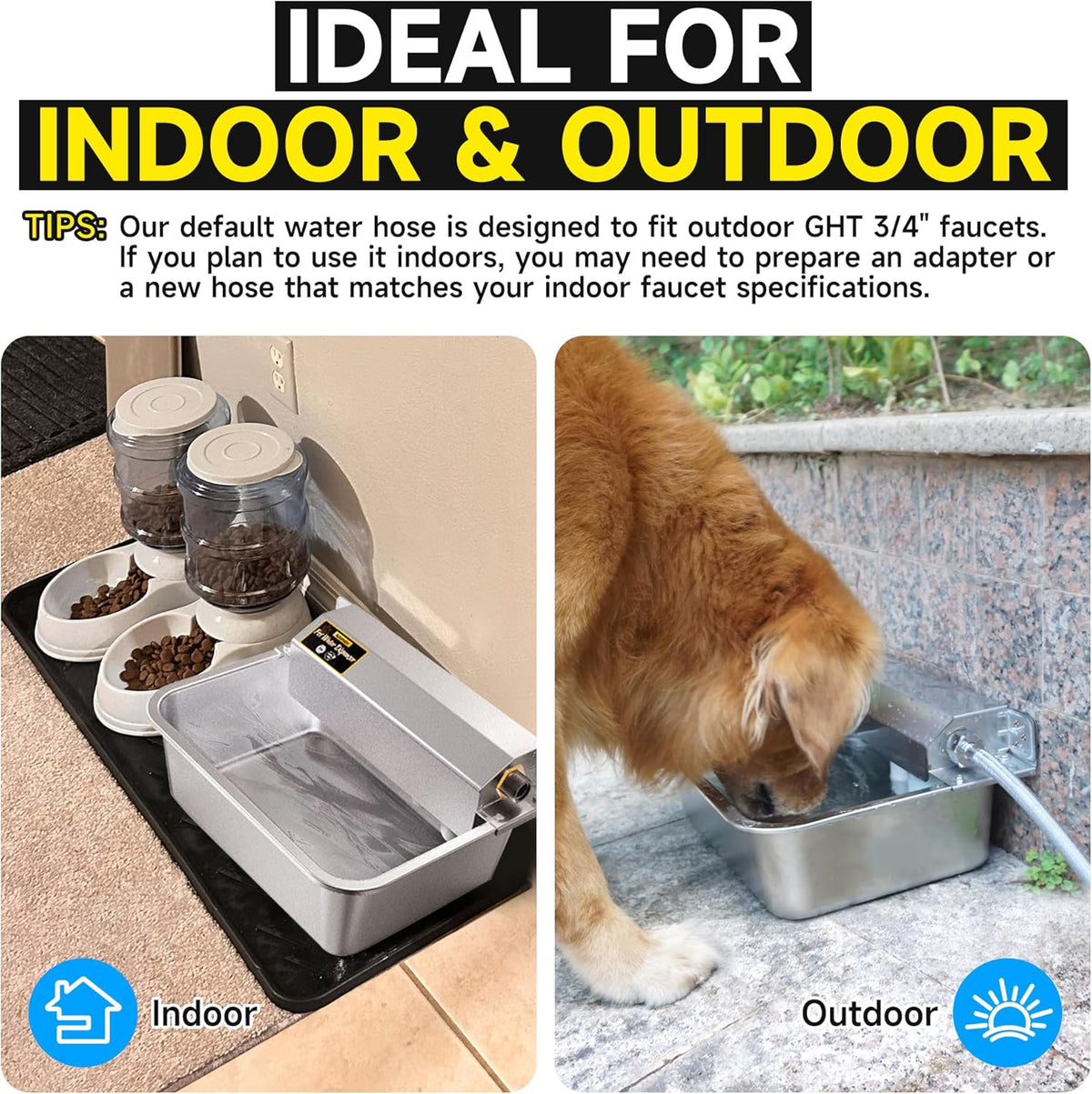 Automatic Dog Water Dispenser, 2 Gallons 304 Stainless Steel Large Dog Water Bowl Dispenser for Indoor/Outdoor, Pet & Livestock Water Feeder, Auto Fill, Fits GHT 3/4" Faucet, Easy to Clean
