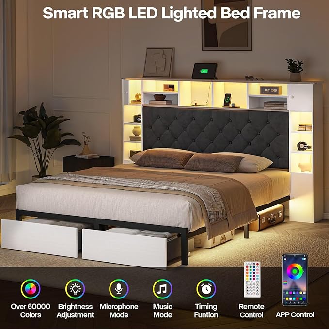 Full Size Bed Frame with Bookcase Headboard and Storage Drawers, 51.2" Metal Platform Full Bed Frame with Charging Station and LED Lights, Velvet Upholstered Tufted Bed Frames, White