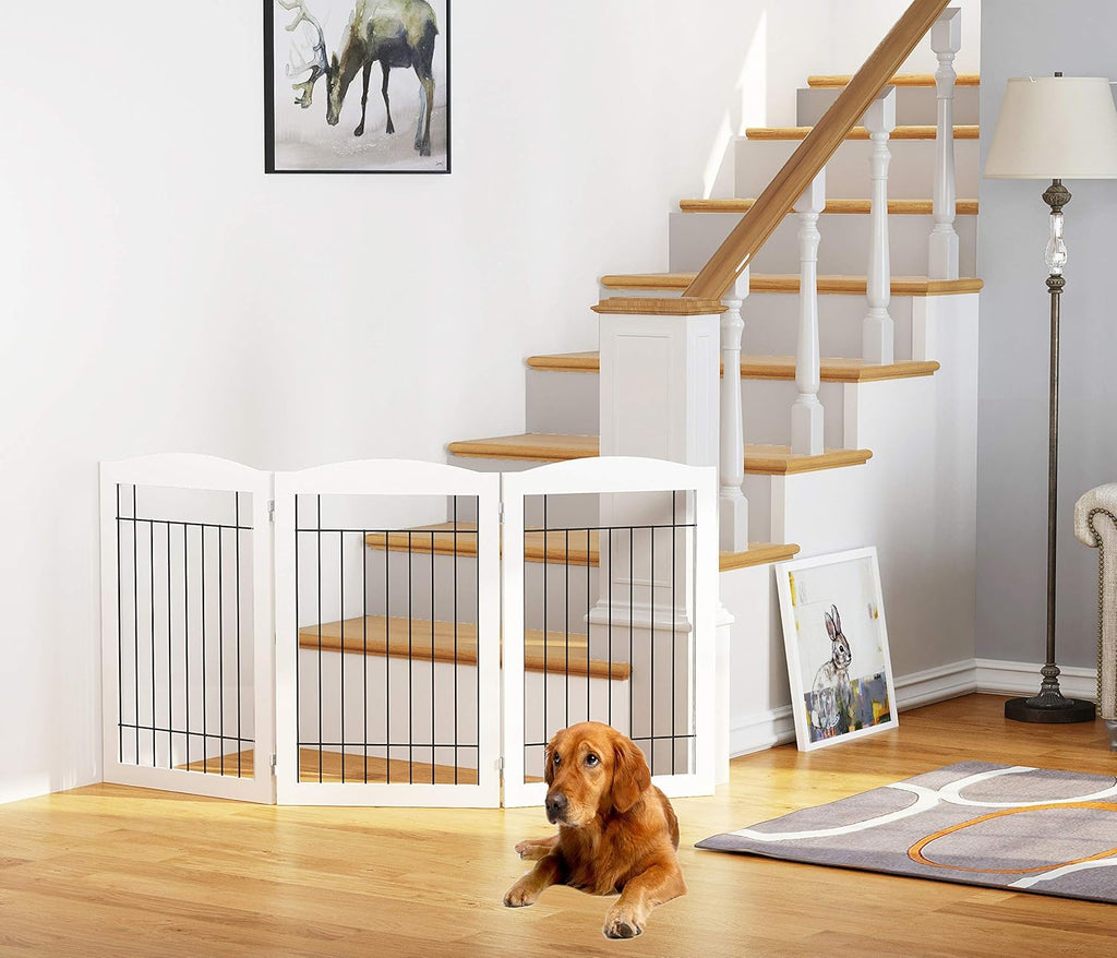 Spirich Freestanding Wire Pet Gate for Dogs, 60 inches Extra Wide, 30 inches Tall Dog Gate for The Houes, Doorway, Stairs, Pet Puppy Safety Fence, White 3 Panels