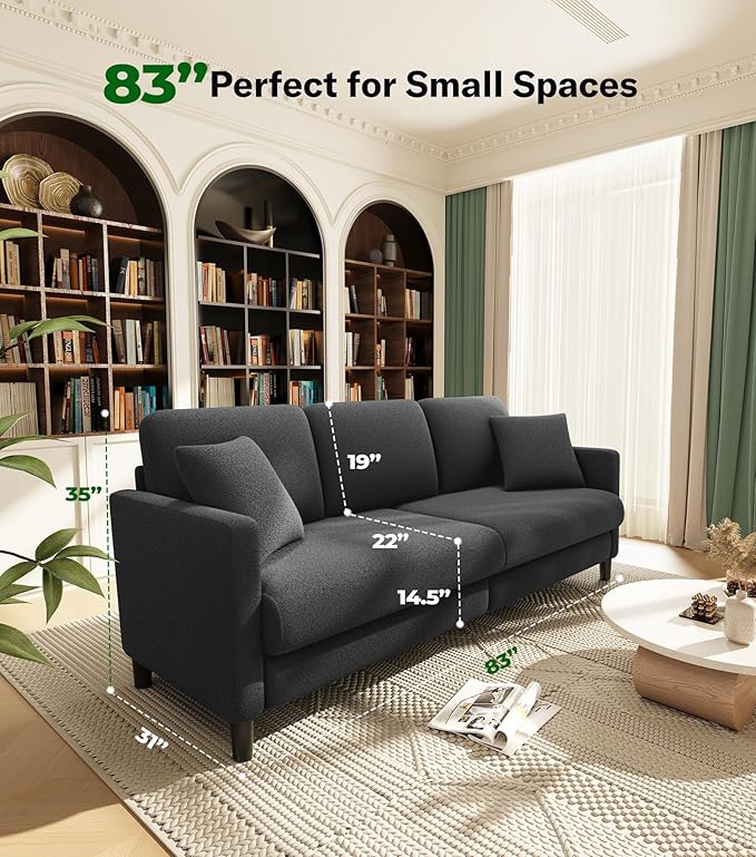83" Couches for Living Room, Comfy Sofas for Living Room, Teddy Sofa Couch, Tool-Free Setup Loveseat Sofa, All-Wood Love Seat Couches, Small Couch 2 Pillows Included, Grey