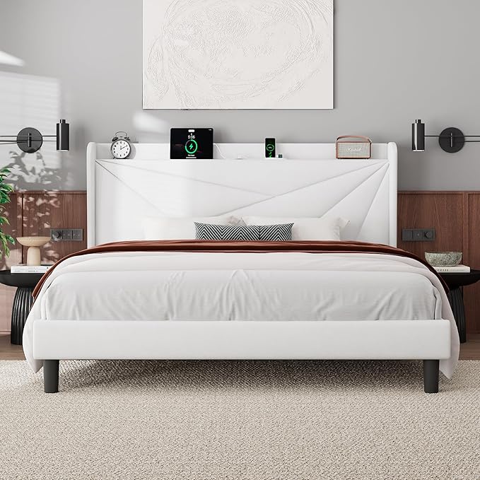 Feonase King Size Bed Frame with Charging Station, Upholstered Platform BedFrame with Wingback Storage Headboard, Solid Wood Slats Support, No Box Spring Needed, Noise Free, White