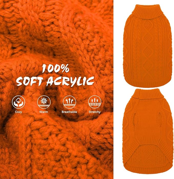BINGPET Thermal Knitted Dog Sweater, Winter Dog Cat Coat, Warm Sweater for Small/Medium Dogs, Classic Cable Knit Turtleneck Pullover, Orange Acrylic