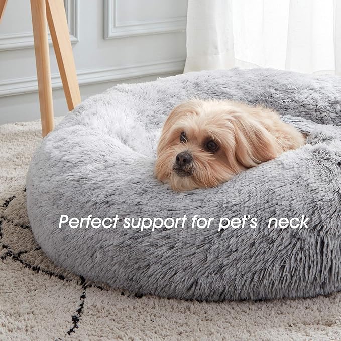 Calming Soft Round Dog &Cat Bed Small Dog Bed Washable,20" | Fluffy Faux Fur Cuddler,Anti-Anxiety,Anti-Slip Bottom,Self-Warming Bed for Small Dog&Kitten&Puppy,Up to 12 LBS Light Grey
