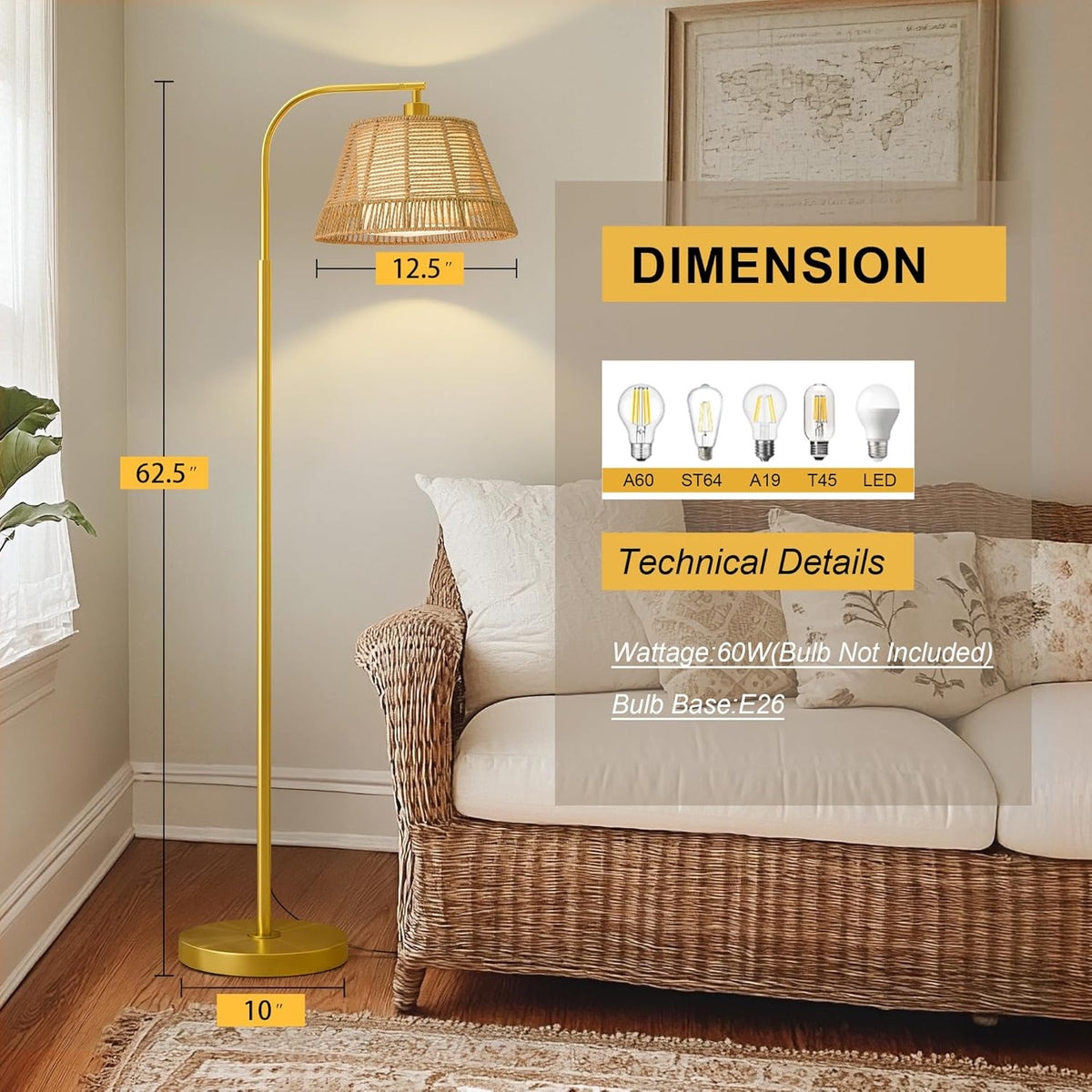 Oneach Arc Floor Lamp for Living Room,Rattan Boho Floor Lamp with Hand-Woven Wicker & Fabric Shade, Foot Switch,Gold Metal Base & Pole,Farmhouse Standing Lamp for Bedroom Corner,Office,Reading