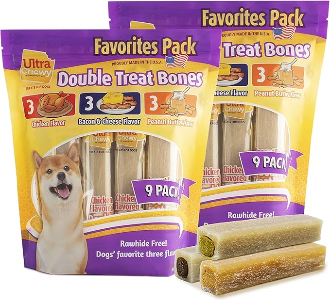 Ultra Chewy Favorites Double Treat Bones, Made in The USA, Healthy Treats, Easy to Digest, Promotes Dental Health (Assorted Flavors, 2 Packs/9 Bones Per Pack)