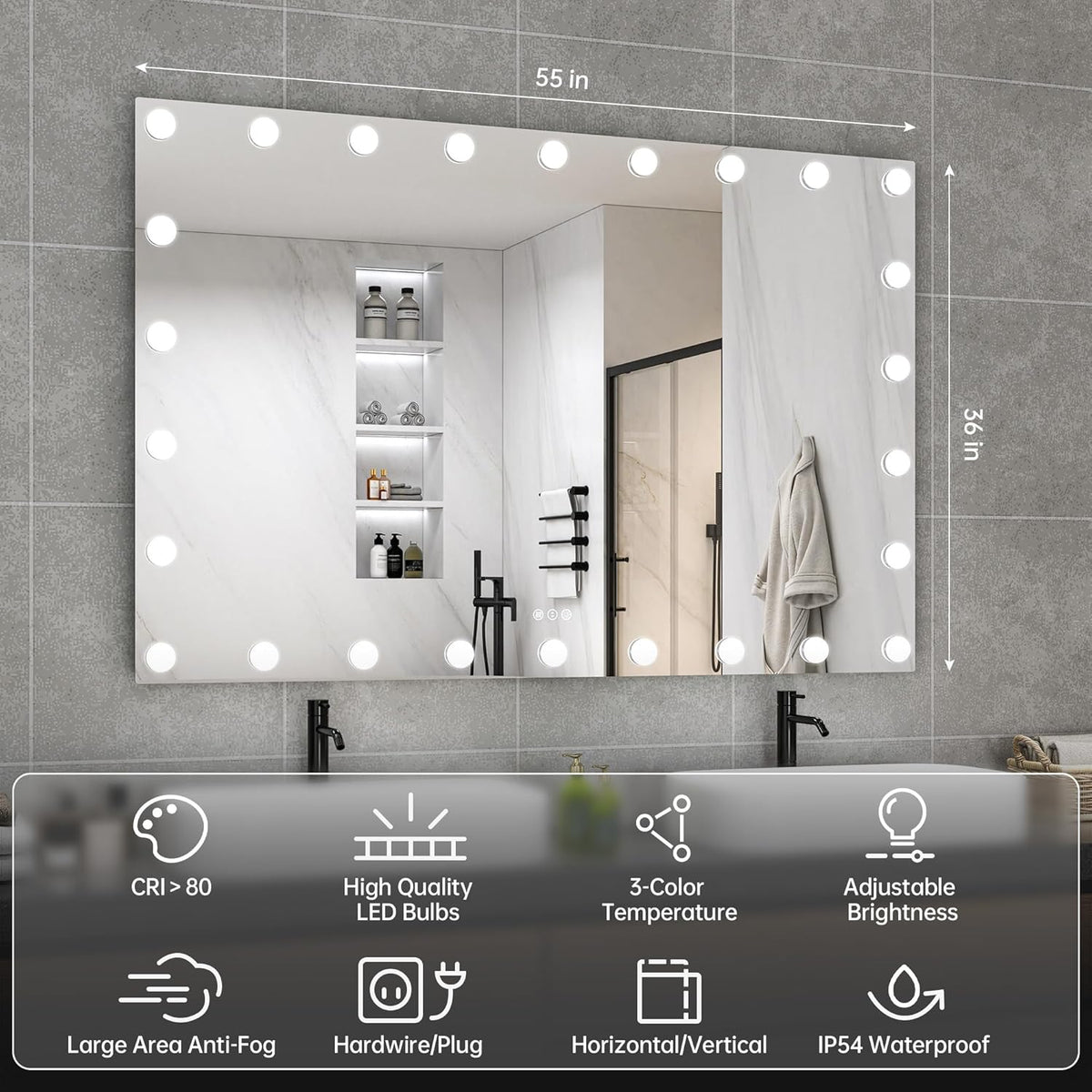 Hasipu LED Bathroom Mirror with Lights, 55" x 36" Hollywood Wall-Mounted Bathroom Mirror with 26 Dimmable Bulbs, 3 Colors Modes, Touch Control, Anti-Fog, Memory Function, Shatter-Proof, ETL Listed