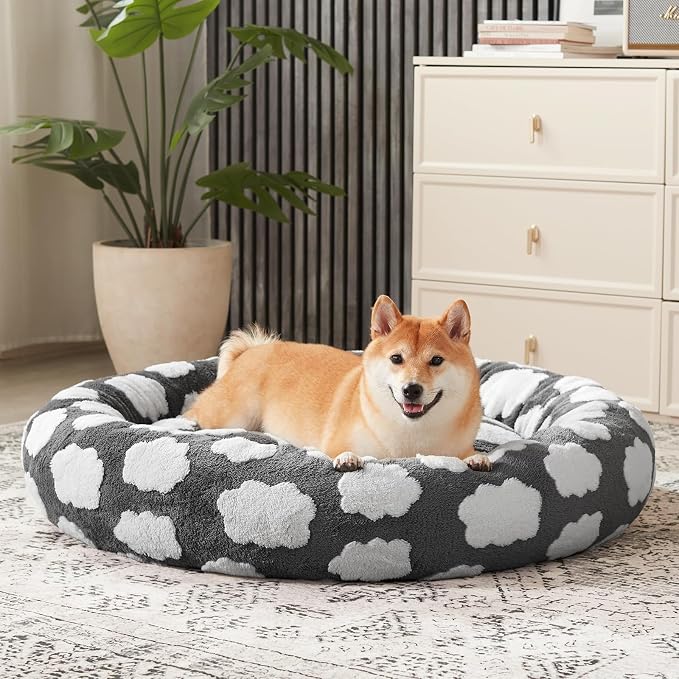JOEJOY Jacquard Donut Round Dog Beds Medium Sized Dog,Grey 30x30x8in, Removable Washable Cover, Cute Pattern, Ultra Soft Fluffy Calming Pet Bed with Thick Supportive Bolster