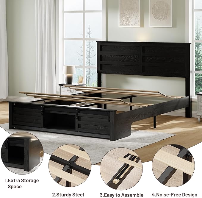 Full Size Bed Frame with Wood Headboard, Wooden Platform Bedframe with Sliding Barn Door Footboard and Charging Station Easy Assembly, No Box Spring Needed (Black, Full)