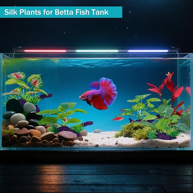 Silk Aquarium Plants for Fish Tank, Betta Fish Decor, Plastic & Fake Plants Realistic for Reptile Terrarium, Turtle, Leopard Gecko & Ball Python Habitat, Silk Plants for Betta Fish Tank
