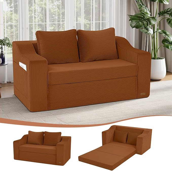 MeMoreCool Convertible Sofa Bed, Pull Out Loveseat Sofa Sleeper Couch for Bedroom Living Room Lounge, 2 in 1 Small Couch Bed with Pillow, Foldable Love Seat Futon Corduroy Orange