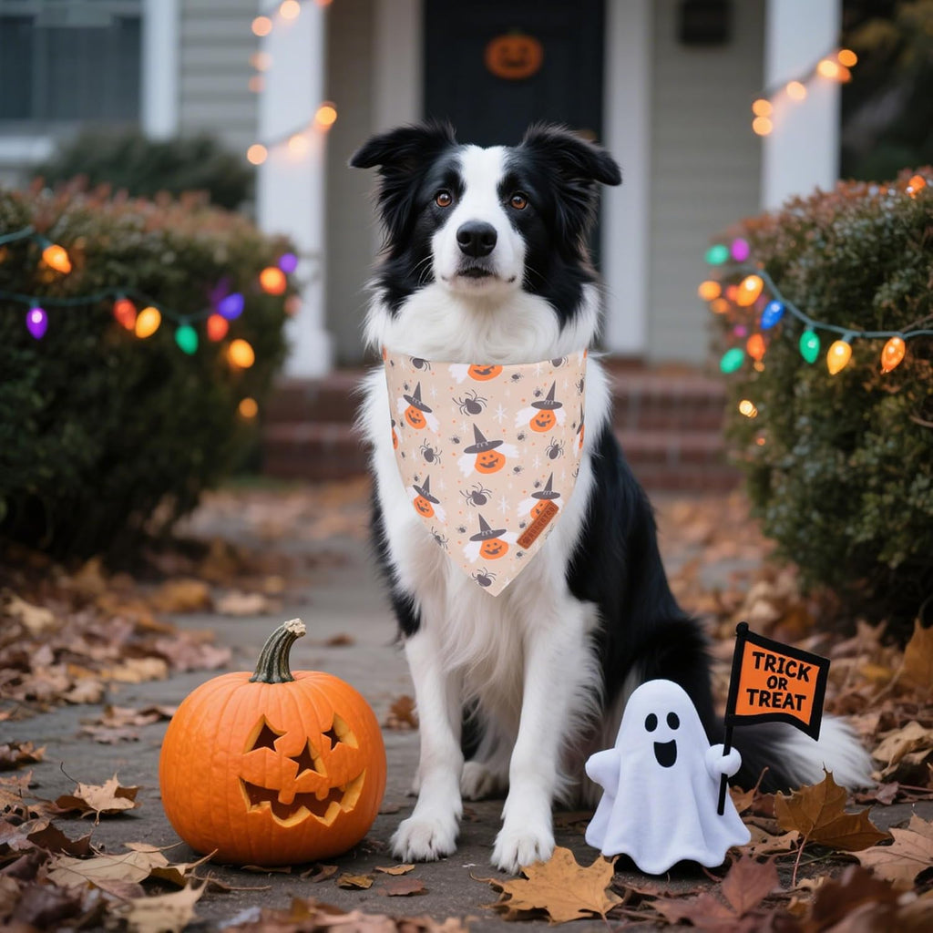 ADOGGYGO Halloween Dog Bandanas, Ghost Pumpkin Witch Scarf, Multi Size, Black Orange Halloween Bandanas for Medium Large Dogs Pets (Large)